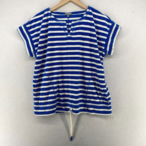 TALBOTS Top PL Petite Terry Valley Striped Split Neck Drawstring Waist Blue - Picture 1 of 14